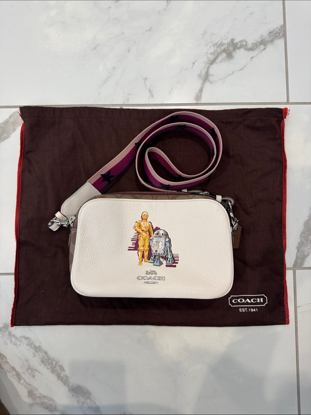Coach White Leather Star Wars Crossbody with Pink Striped Strap